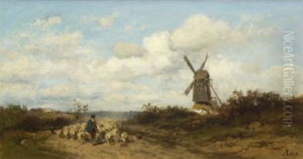 Schafer Mit Seiner Herde Bei Einer Windmuhle Oil Painting by Adolf Heinrich Lier