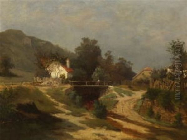 Sommerlandschaft Mit Einer Bauerin Auf Dem Holzsteg Uber Den Bach Oil Painting by Adolf Heinrich Lier