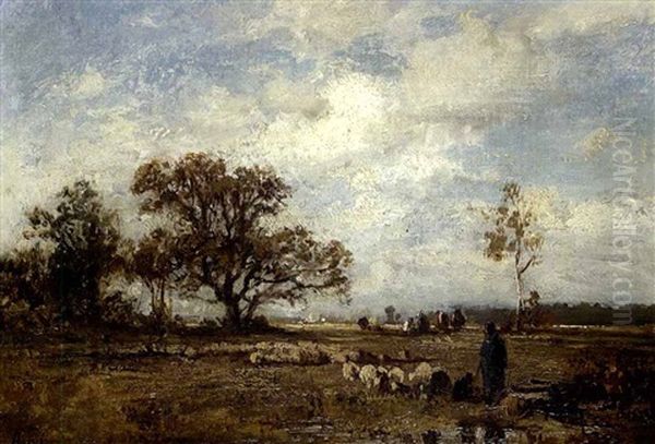 Schafer Mit Seiner Herde In Weiter Moorlandschaft Oil Painting by Adolf Heinrich Lier