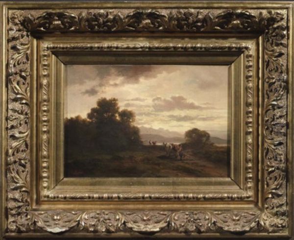 Oberbayrische Gebirgslandschaft Mit Zwei Bauern Im Abendlicht Oil Painting by Adolf Heinrich Lier