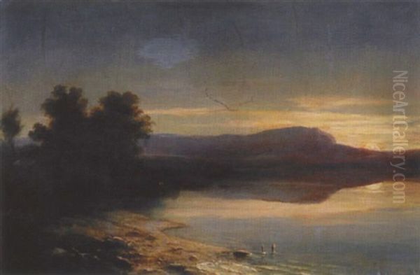 Uferlandschaft Bei Sonnenuntergang Oil Painting by Adolf Heinrich Lier