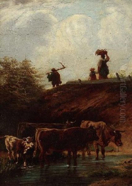 Kuhe An Der Tranke Oil Painting by Adolf Heinrich Lier