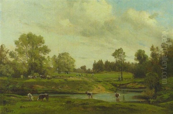 Sommerlandschaft Mit Weidendem Vieh Auf Der Von Baumen Gesaumten Wiese Oil Painting by Adolf Heinrich Lier