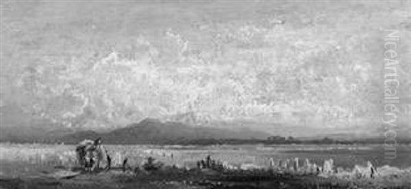 Getreideernte In Voralpenlandschaft Am Chiemsee Oil Painting by Adolf Heinrich Lier