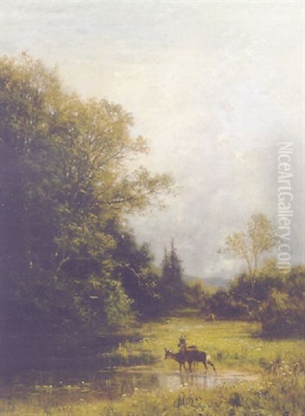 Rehe In Landschaft Mit Wald Und Waser (sommermorgen) Oil Painting by Adolf Heinrich Lier