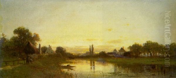 Sonnenuntergangsstimmung An Einem Dorfweiher Oil Painting by Adolf Heinrich Lier