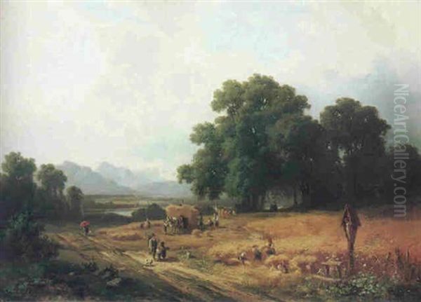 Erntewagen In Landschaft Oil Painting by Adolf Heinrich Lier