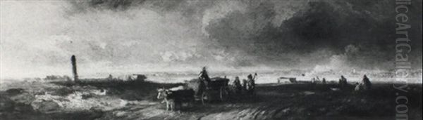 Ochsenfuhrwerk Und Bauern Auf Dem Feldweg Oil Painting by Adolf Heinrich Lier