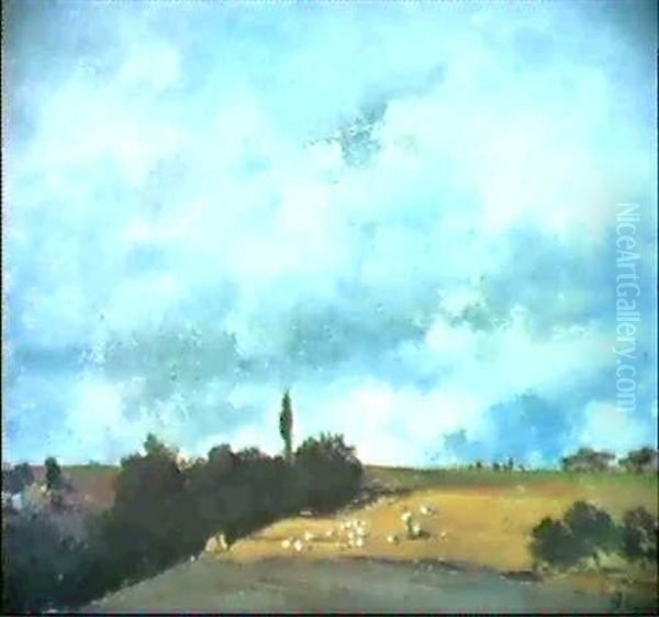 Voralpenlandschaft Unter Hohem Bewolktem Himmel, Vorne Auf  Einem Stoppelfeld Schafer Mit Seiner Herde Oil Painting by Adolf Heinrich Lier