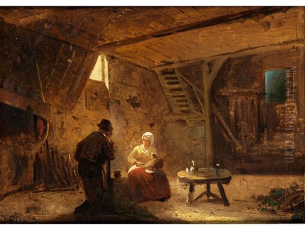 Bauerliches Interieur Mit Zwei Figuren Oil Painting by Josef Hendrik Hubert Lies