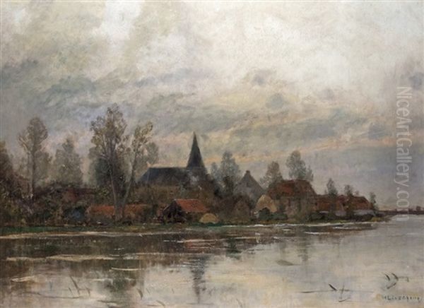 Village On The Banks Oil Painting by Helmuth Liesegang