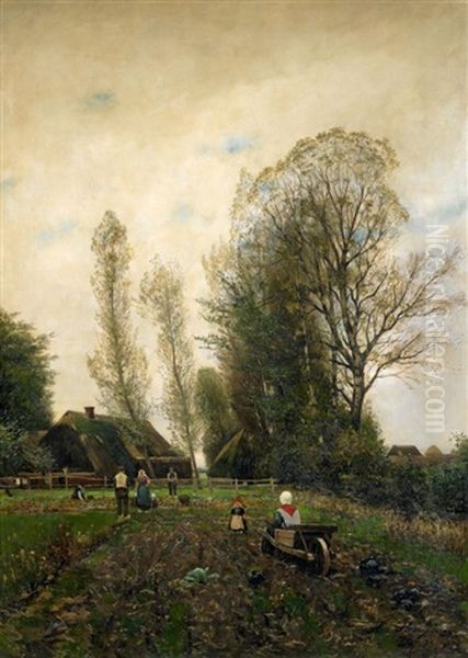 Gehofte Am Niederrhein. Bauernfamilie Bei Der Kohlernte Oil Painting by Helmuth Liesegang