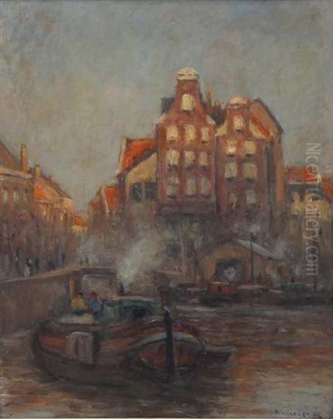 Alt.rotterdam. Hauser In Der Abenddammerung An Einer Gracht Mit Booten Und Figurenstaffage Oil Painting by Helmuth Liesegang