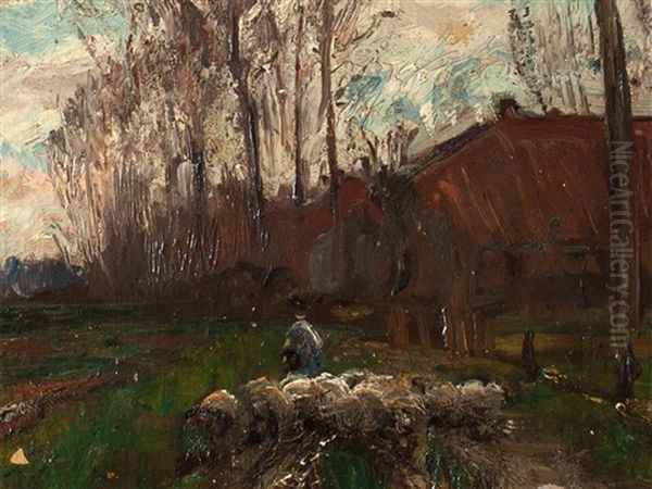 Sheep Flock On Poplar Alley Oil Painting by Helmuth Liesegang