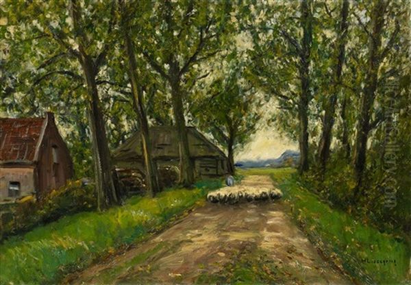 Sommerliche Allee Mit Einer Schafherde by Helmuth Liesegang