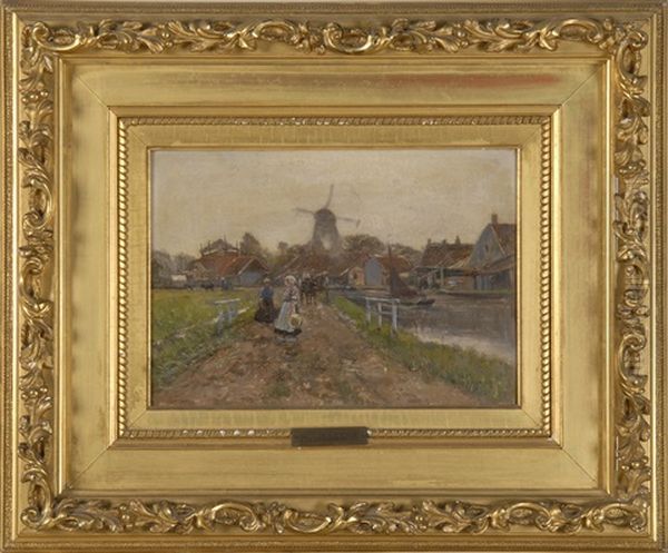 Dutch Canal Scene Oil Painting by Helmuth Liesegang