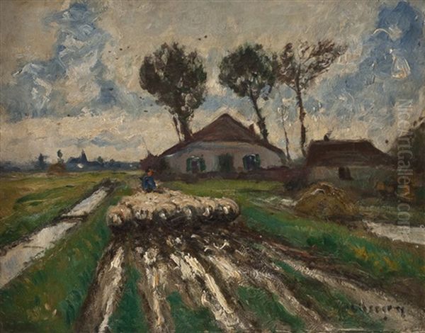 Schafer Mit Herde Auf Einem Dorfweg Oil Painting by Helmuth Liesegang