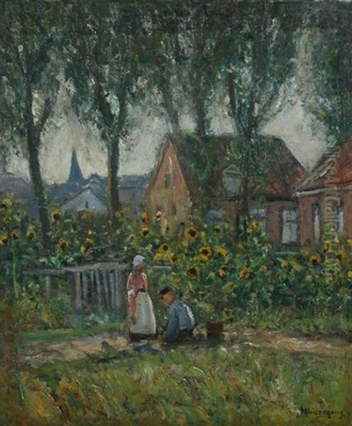 Village Scene With Sunflowers Oil Painting by Helmuth Liesegang