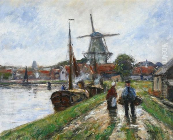 Dorf Am Kanal Mit Booten Und Windmuhle Oil Painting by Helmuth Liesegang