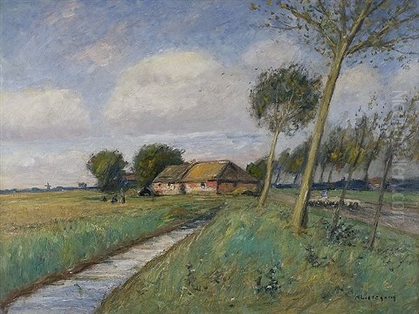 Farmstead In Summery Landscape Oil Painting by Helmuth Liesegang