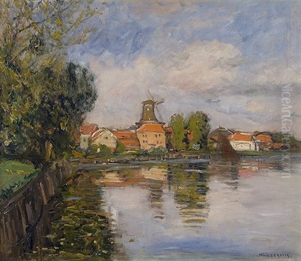 At The Village Pond Oil Painting by Helmuth Liesegang