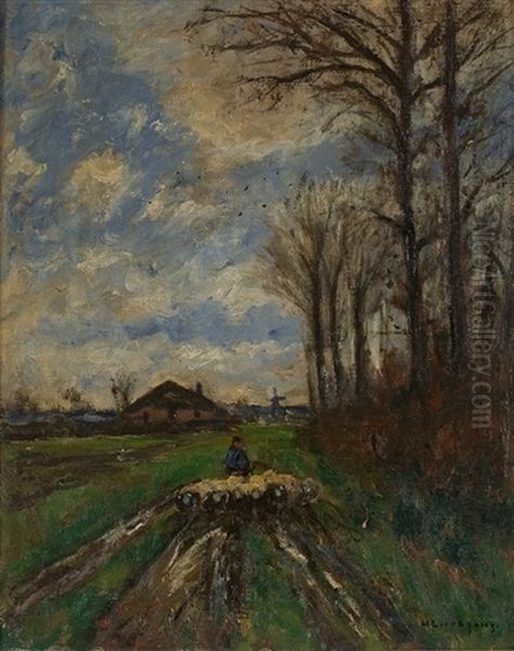 Schafer Mit Seiner Herde Auf Einem Feldweg Oil Painting by Helmuth Liesegang