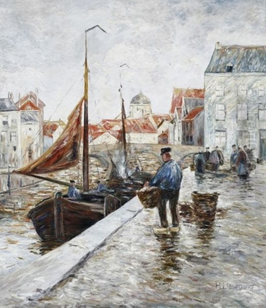 Fischer Beim Entladen Des Bootes An Einer Kaimauer Oil Painting by Helmuth Liesegang