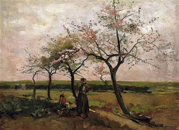 Im Vorfruhling. Bauerin Mit Tochter An Einem Von Bluhenden Obstbaumen Bestandenen Feldesrand Oil Painting by Helmuth Liesegang