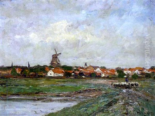 Hollandische Dorflandschaft Mit Windmuhle Oil Painting by Helmuth Liesegang