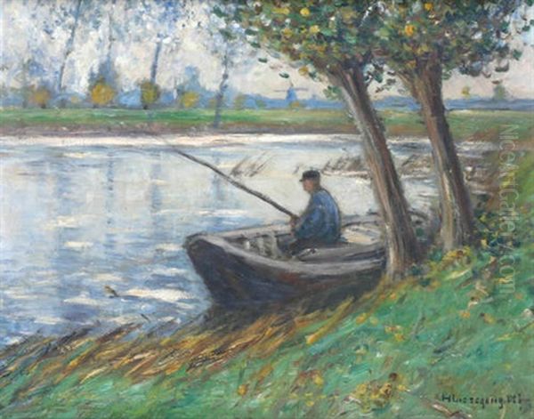 Niederrheinische Landschaft Mit Angler In Seinem Boot Am Ufer Oil Painting by Helmuth Liesegang