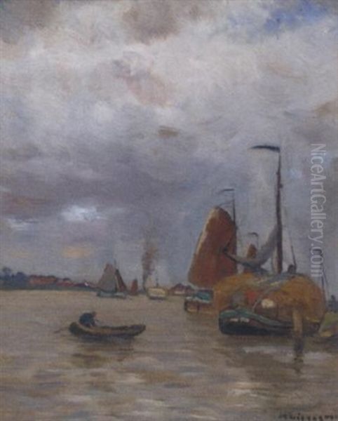 Rowing Out, Before Barges On A Canal Oil Painting by Helmuth Liesegang