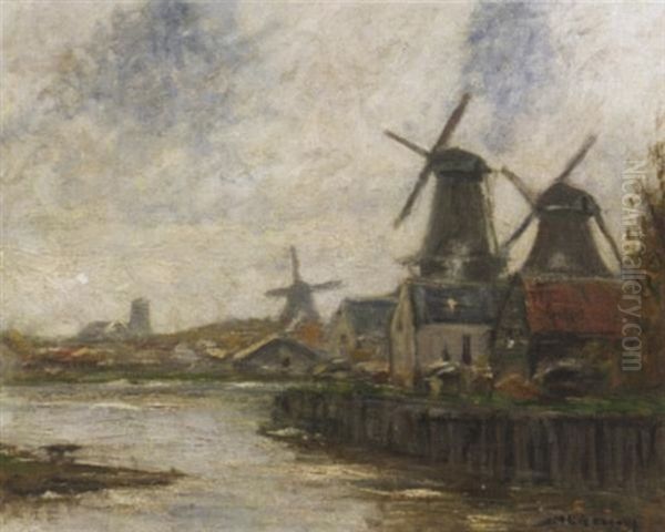 Windmuhlen Am Kanal Oil Painting by Helmuth Liesegang