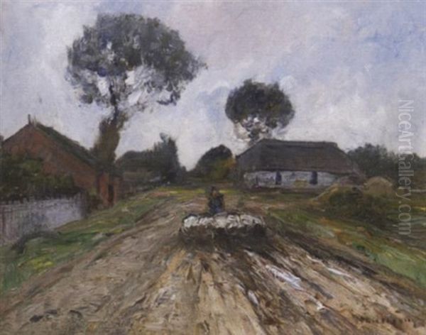 Heimtrieb. Ein Schafer, Seine Herde Die Dorfstrase Hinunter Treibend Oil Painting by Helmuth Liesegang