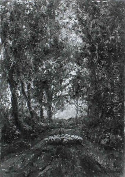 Schafer Mit Seiner Herde In Einer Allee Oil Painting by Helmuth Liesegang