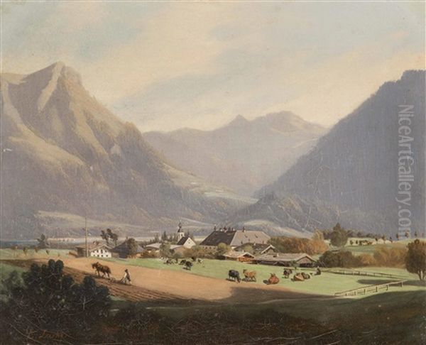 Pflugender Bauer Und Weidende Kuhe In Alpiner Landschaft by Karl Lieske