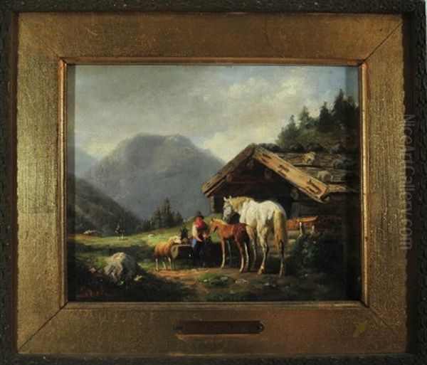 Bauerin Futtert Ihre Stute Mit Fohlen, Schaf Und Ziege Auf Der Alm Oil Painting by Karl Lieske