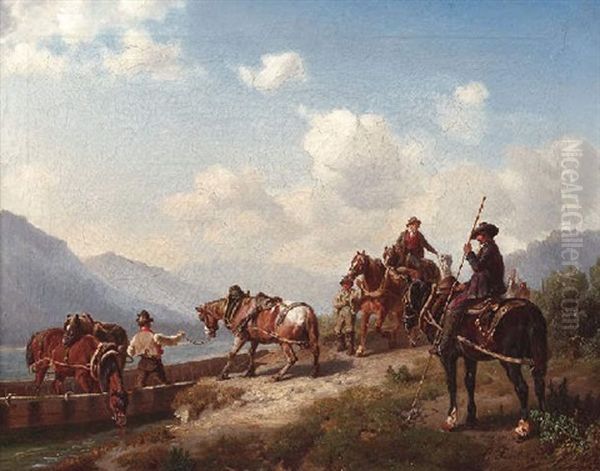 Verladung Einiger Pferde Auf Ein Fahrboot Auf Einem Alpensee Oil Painting by Karl Lieske