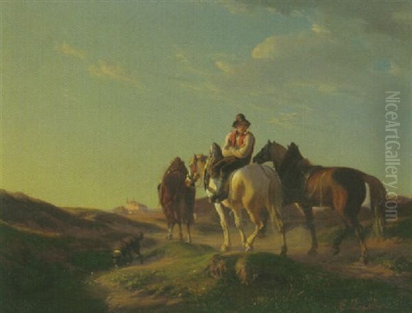 Ein Pferdeknecht Mit Drei Saumtieren Und Seinem Hund Auf Dem Weg Zu Der Klosteranlage Am See In Der Ferne Oil Painting by Karl Lieske