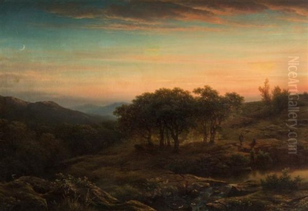 Landscape With Figures At Sunset Oil Painting by Cornelis Lieste