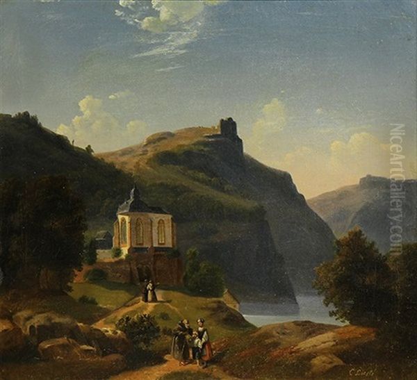 Mountain And Lake Landscape With Figures Walking Oil Painting by Cornelis Lieste