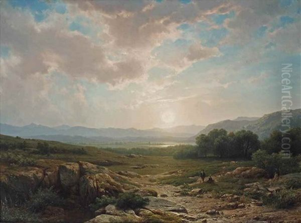 A Landscape With A Couple At Sunset Oil Painting by Cornelis Lieste