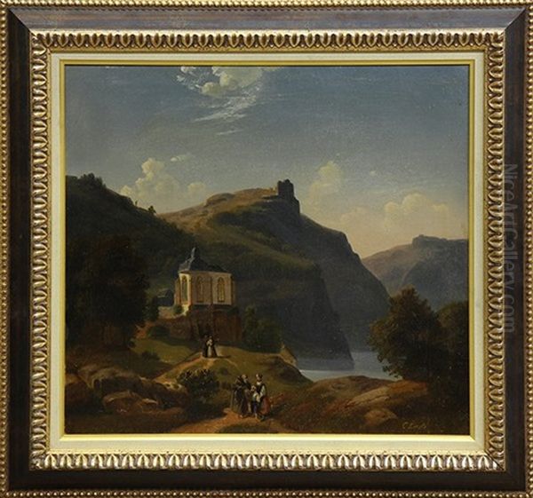 Mountain And Lake Landscape With Figures Walking Oil Painting by Cornelis Lieste