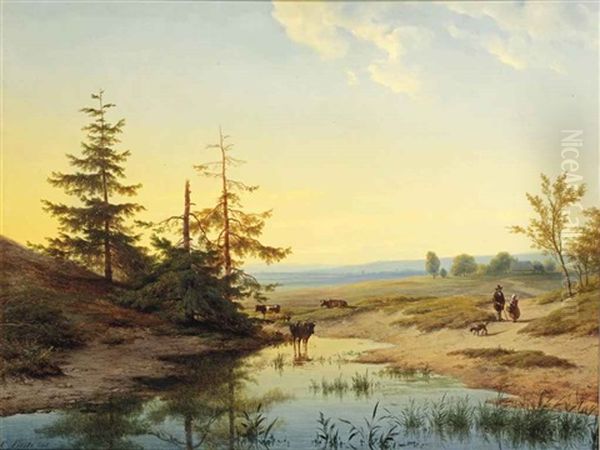 A Moorland With Figures And Cattle By A Pond Oil Painting by Cornelis Lieste