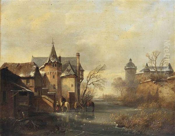 A Winter Landscape With Horses And Figures On The Ice Near A Castle Oil Painting by Cornelis Lieste