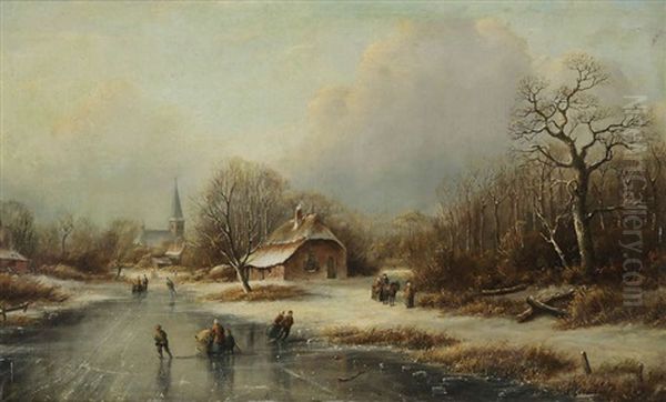 Paysage Aquatique En Hollande Anime De Patineurs A Glace Et De Personnages Pres D`un Village Oil Painting by Cornelis Lieste