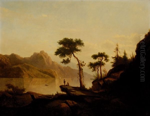 Travellers On A Cliff In A River Landscape Oil Painting by Cornelis Lieste