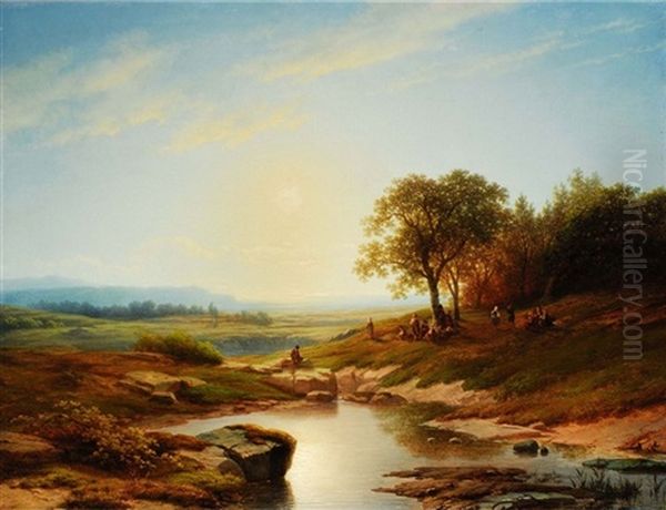 Tiefe Bachlandschaft Mit Figurenstaffage Bei Sonnenuntergang Oil Painting by Cornelis Lieste