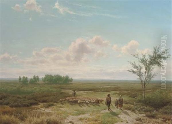 Leading The Flock Across An Extensive Heath Oil Painting by Cornelis Lieste