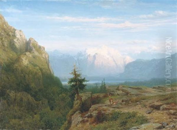 Deer In An Alpine Landscape Oil Painting by Cornelis Lieste