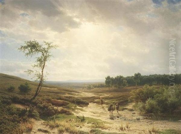 Heidelandschaft Bei Oosterbeek. Bauern Mit Ihrem Maulesel Auf Dem Weg Oil Painting by Cornelis Lieste